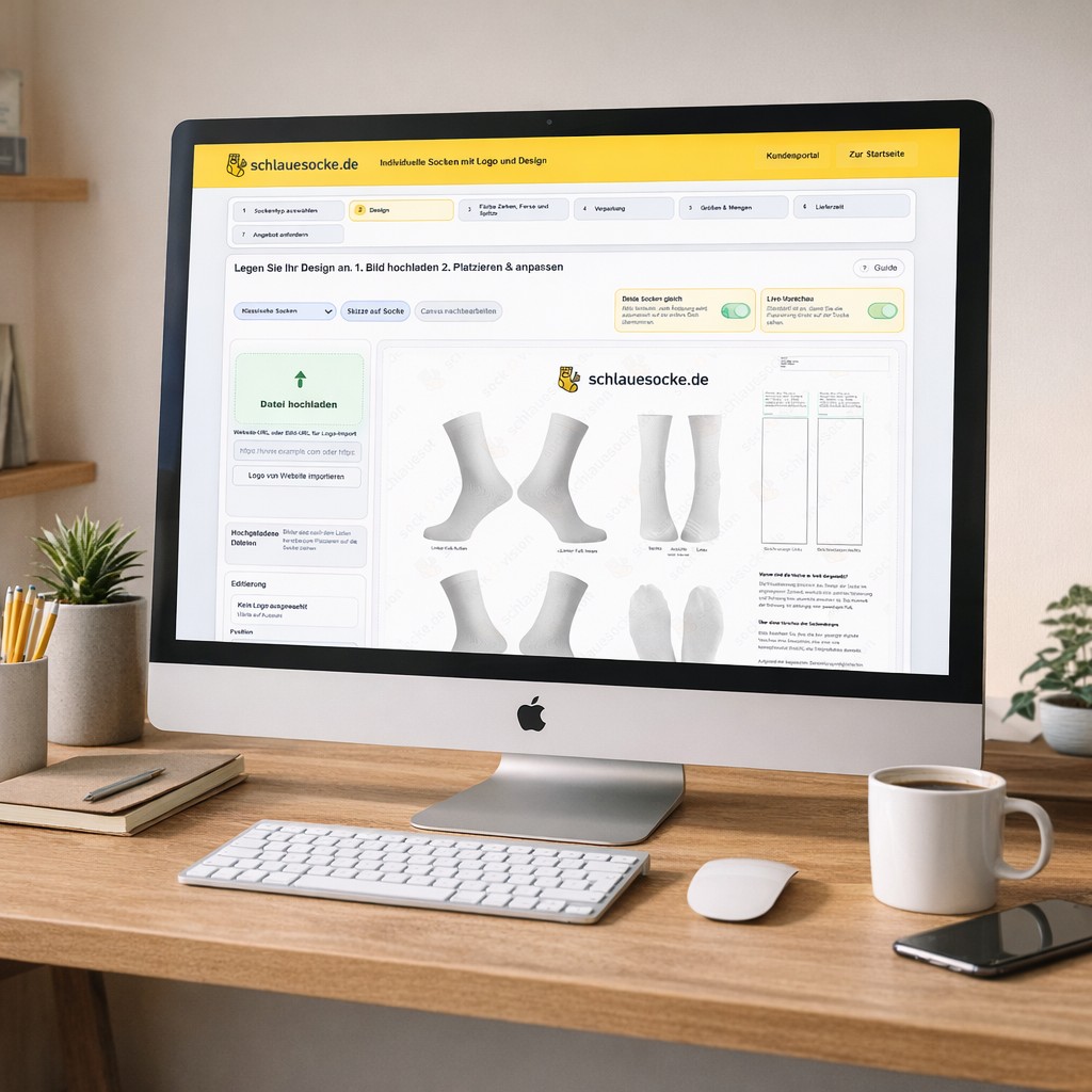 Sok Wizard – Laptop met de online-app voor sokkenontwerp, daarnaast individuele sokken